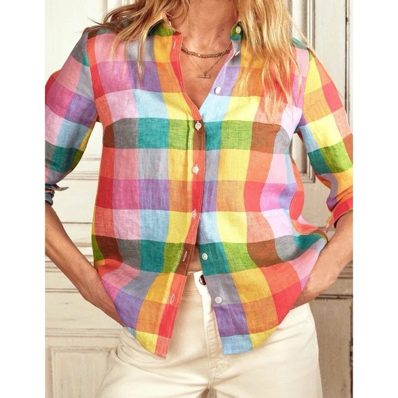 NWT Boden Sienna Colorful Linen Checkered Button Up Shirt Spring Coastal Prep 2R - Picture 2 of 16